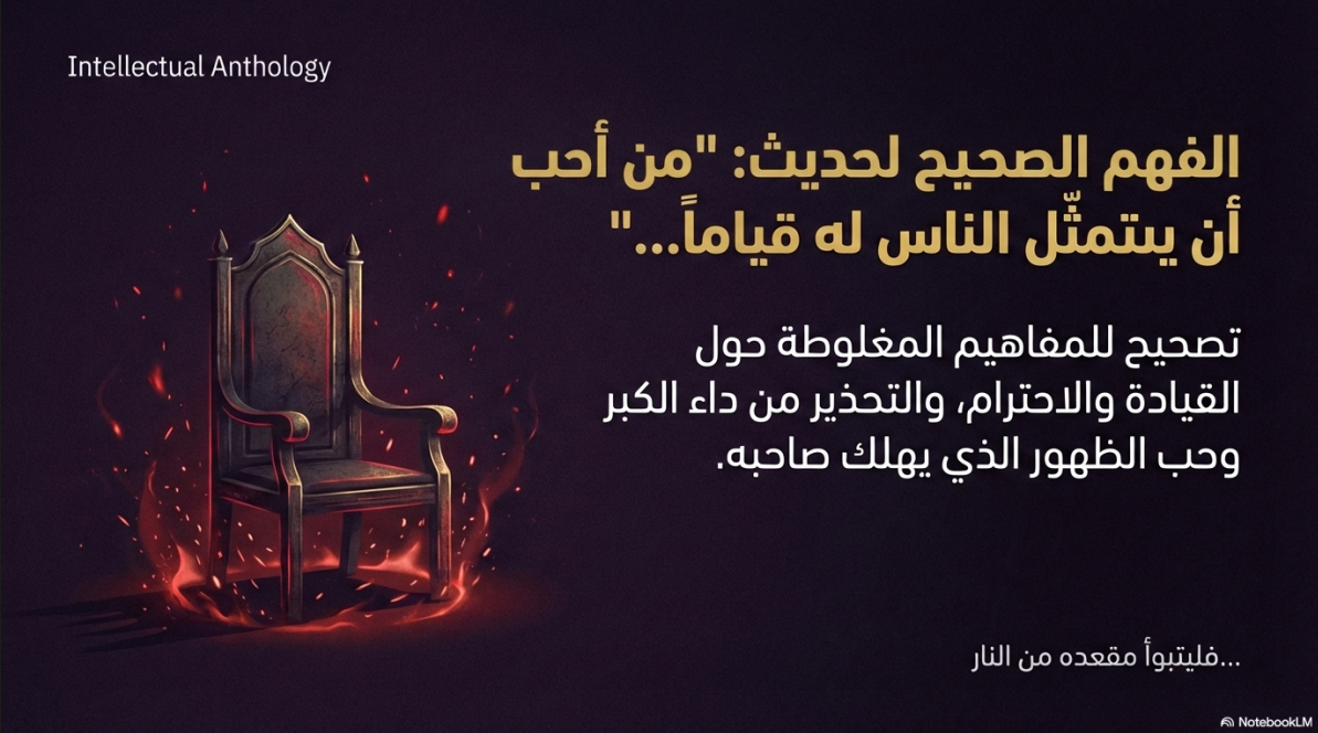 الفهم الصحيح لحديث:"من أحب أن يتمثل الناس له قياماً فليتبوأ مقعده من النار"